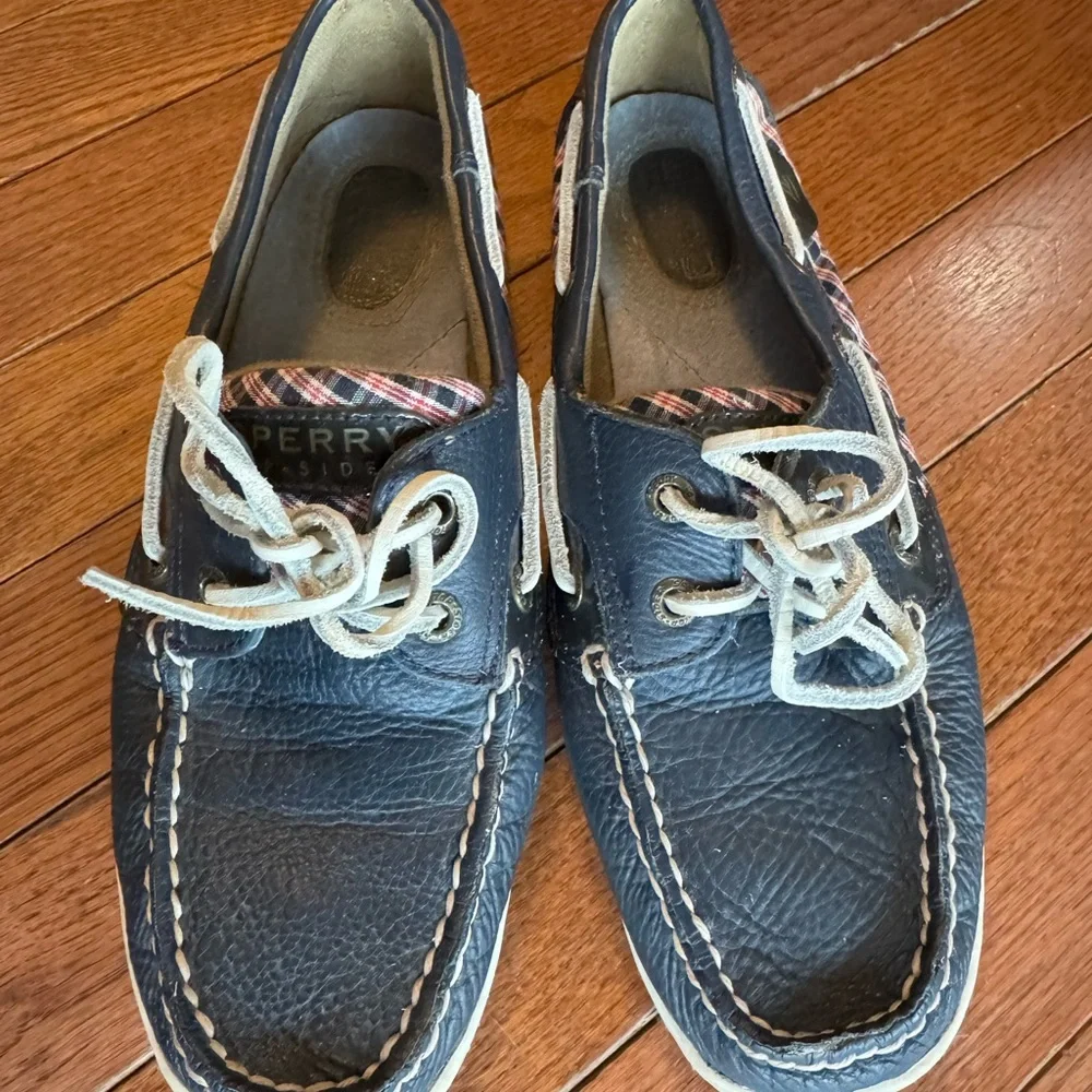 Sperry Dark Blue Women's Loafers with Plaid Detail - Picture 2 of 9
